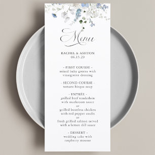 Menú de boda floral azul blanco verde romántico