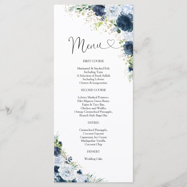 Menú de Boda Floral Azul Marinho (Anverso)
