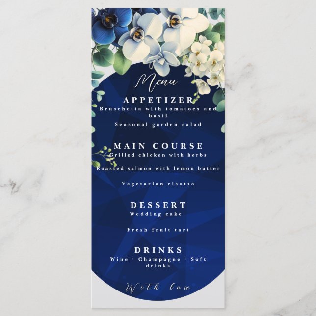 Menú de Boda Floral Azul Marino (Anverso)