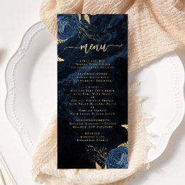 Menú de Boda Floral Azul Marino Elegante con Dorad