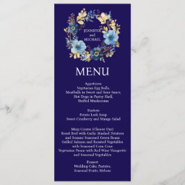 Menú de boda floral azul marino y dorado
