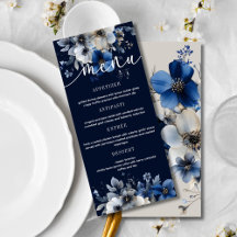 Menú de Boda Floral Azul Marino y Plata Elegante
