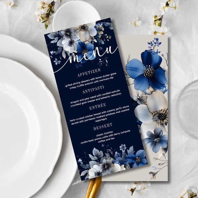 Menú de Boda Floral Azul Marino y Plata Elegante  (Subido por el creador)