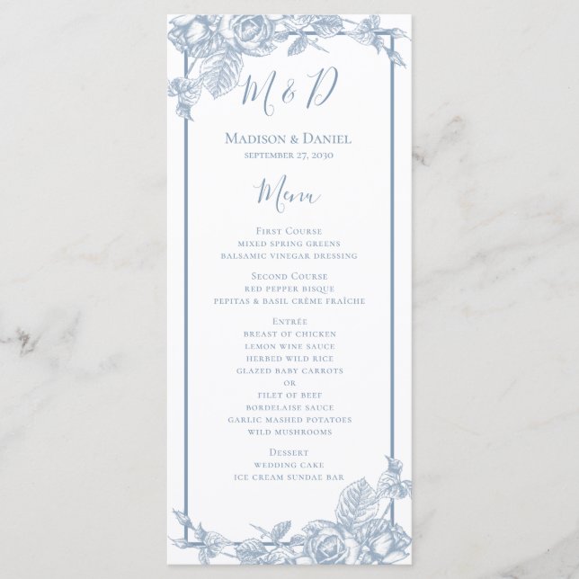Menú de Boda Floral Azul Polvo (Anverso)