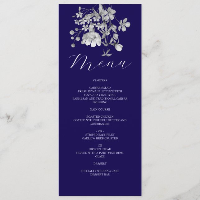 Menú de Boda Floral Azul Real (Anverso)