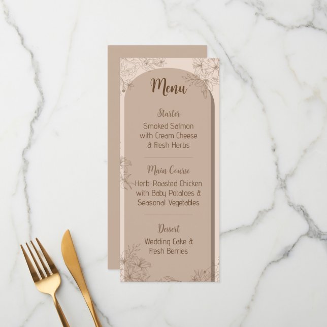 Menú de Boda Floral Beige Elegante (Anverso/Reverso In Situ)