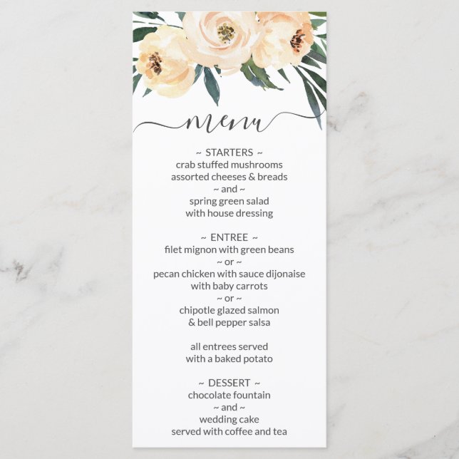 Menú de Boda Floral Beige Rosado sobre Blanco (Anverso)