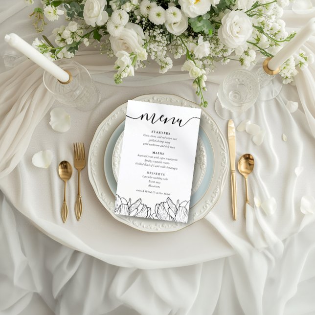 Menú de Boda Floral Blanco y Negro Elegante (Subido por el creador)