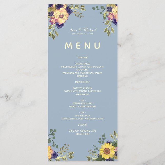 Menú de boda Floral Boho Azul Polvoriento (Anverso)