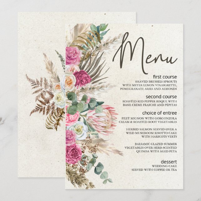 Menú de Boda Floral Boho Pastel Neutral (Anverso / Reverso)