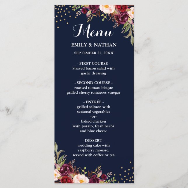Menú de boda floral burgundy oro con confeti (Anverso)