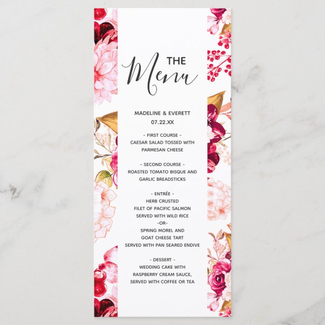 Menú de Boda Floral Burgundy y Rosa Blush Chic (Anverso)