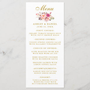 Menú de boda floral con toque rosa en acuarela dor