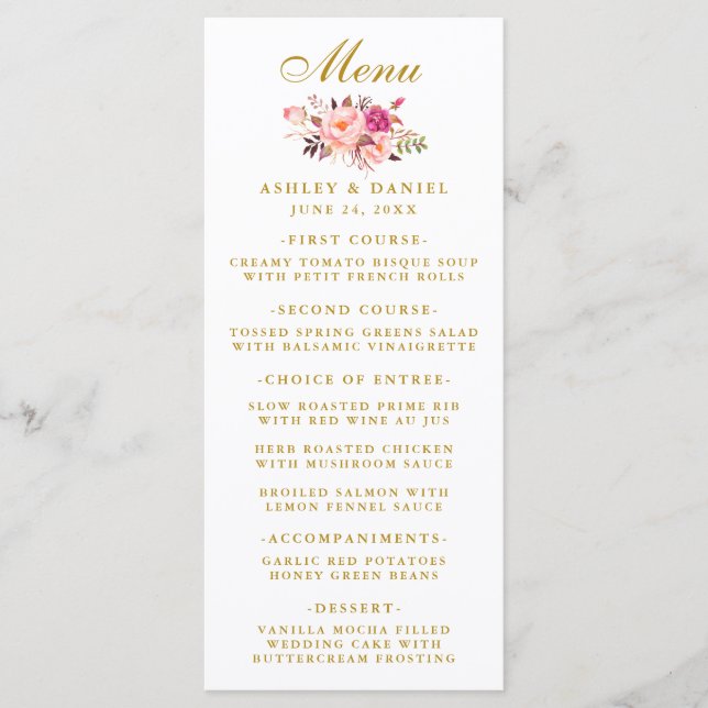 Menú de boda floral con toque rosa en acuarela dor (Anverso)