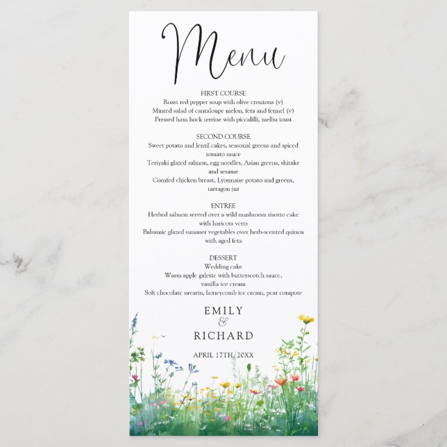Menú de Boda Floral de Acuarela con Flores Silvest (Anverso)