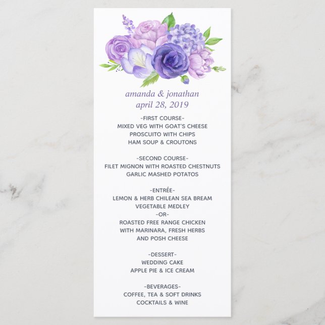 Menú de boda floral de acuarela violeta ultra (Anverso)