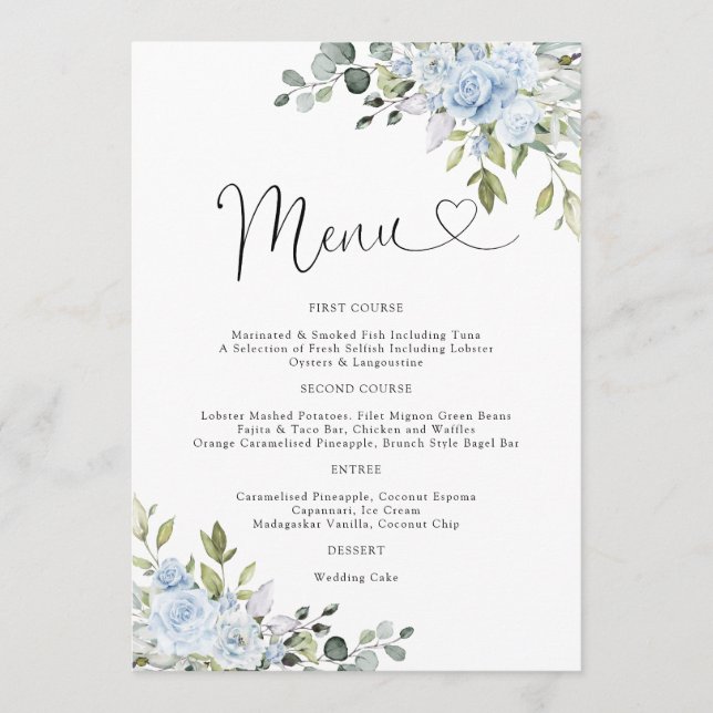 Menú de Boda Floral de Eucalipto Azul Polvoriento (Anverso)