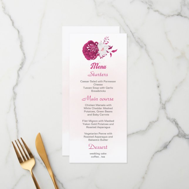 menú de boda floral de fucsia y blanco (Anverso/Reverso In Situ)