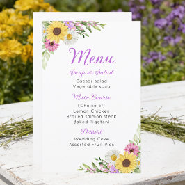 Menú de boda floral de girasoles y margaritas silv
