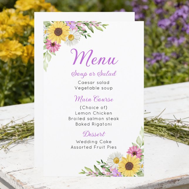 Menú de boda floral de girasoles y margaritas silv (Subido por el creador)