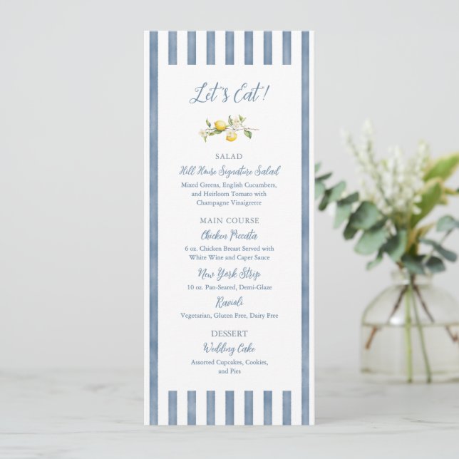 Menú de boda floral de limón con raya azul (Anverso de pie)
