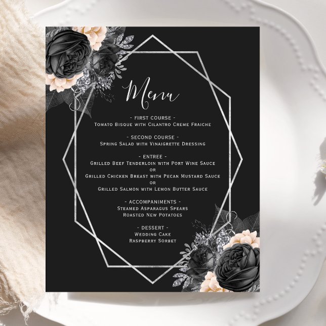 Menú de Boda Floral de Melocotón Plateado Geométri (Subido por el creador)