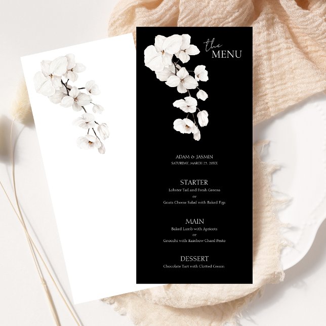 Menú de Boda Floral de Orquídea Blanca Negra Moder (Modern Black and White Orchids Flowers Wedding Menu )