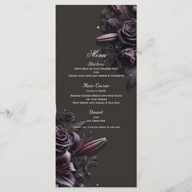 Menú de boda floral de rosa lirio morada negra de  (Anverso)