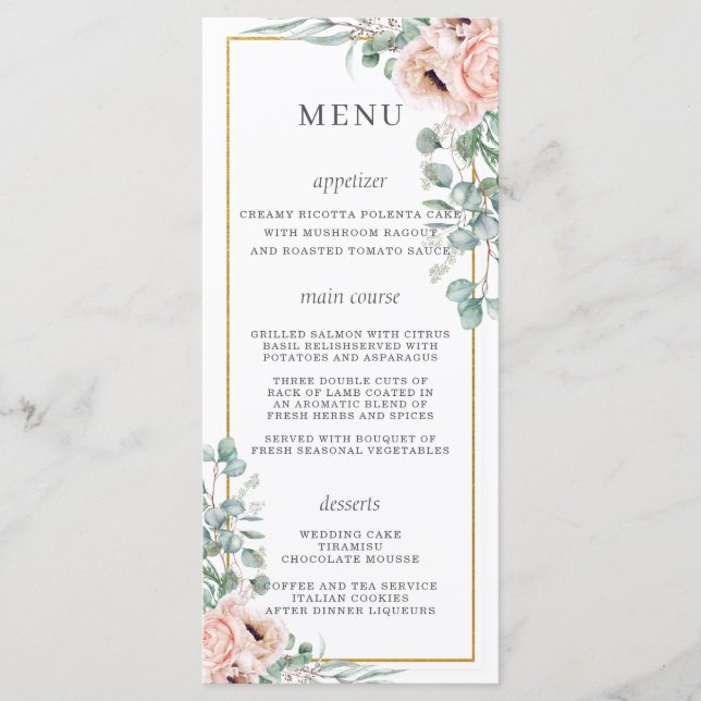 Menú de Boda Floral de Rosas Rosadas Polvorientas  (Anverso)