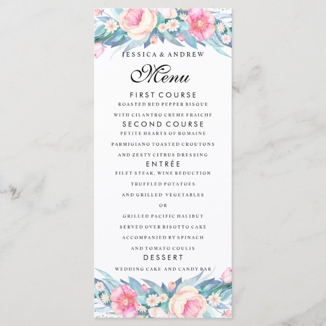 Menú de boda floral elegante de acuarela (Anverso)
