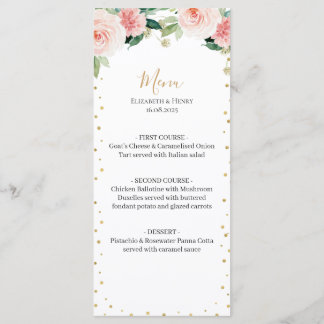 Menú de boda floral elegante rosa dorado