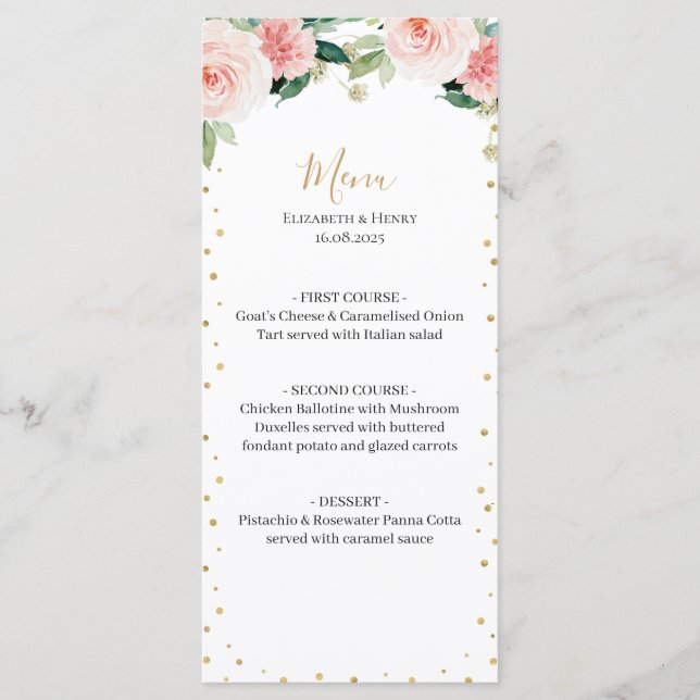 Menú de boda floral elegante rosa dorado (Anverso)