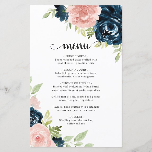 Menú de boda floral elegante rosa sonrojado azul m (Anverso)