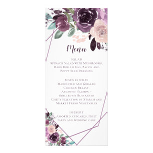 Menú de boda floral geométrico morado sangria