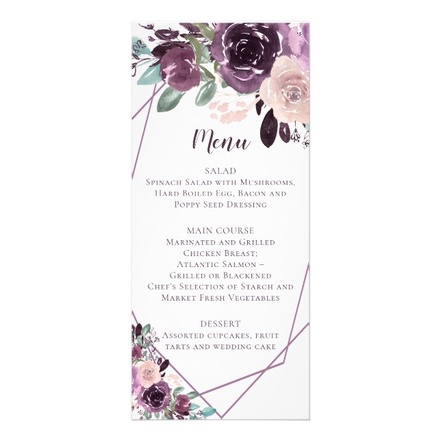 Menú de boda floral geométrico morado sangria (Frente)