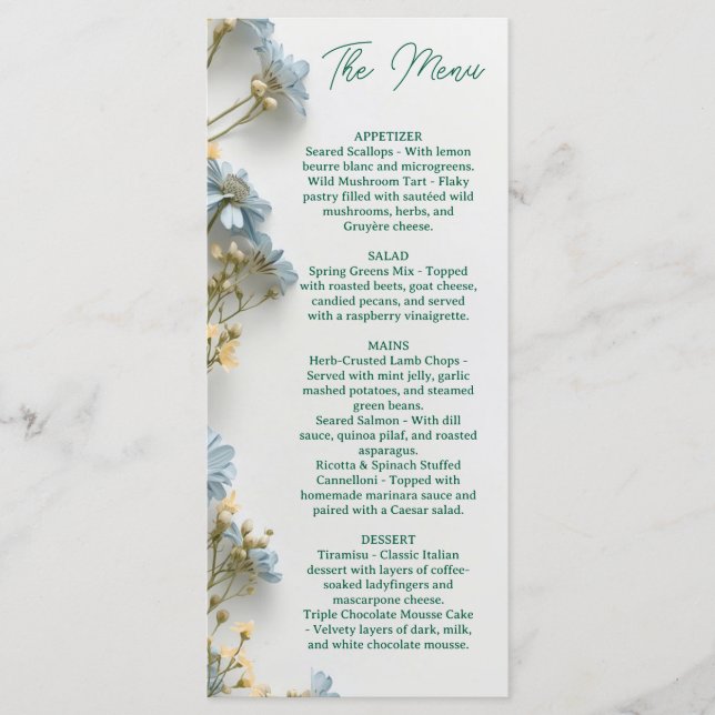 Menú de boda floral, Menú minimalista, Elegante  (Anverso)