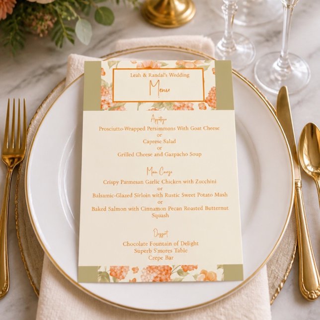 Menú de boda floral naranja 4.5" x 6.25" (Subido por el creador)
