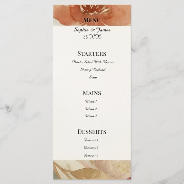 Menú de Boda Floral Otoño Dorado (Anverso)