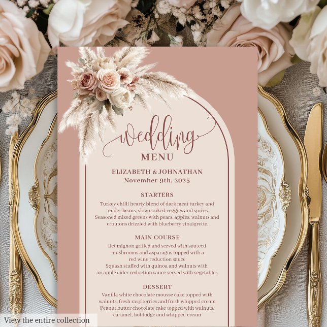 Menú de Boda Floral Pampas Rosa Pastel Arco Modern (Modern Arch Pastel Pink Pampas Floral Wedding Menu)