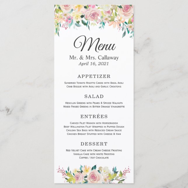 Menú de Boda Floral Pastel Rosado (Anverso)
