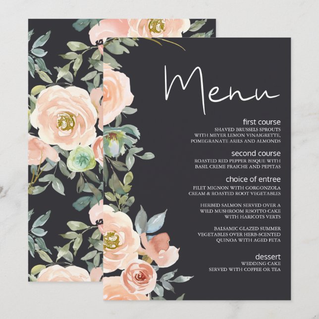 Menú de Boda Floral Pastel Verde Melocotón Navy (Anverso / Reverso)