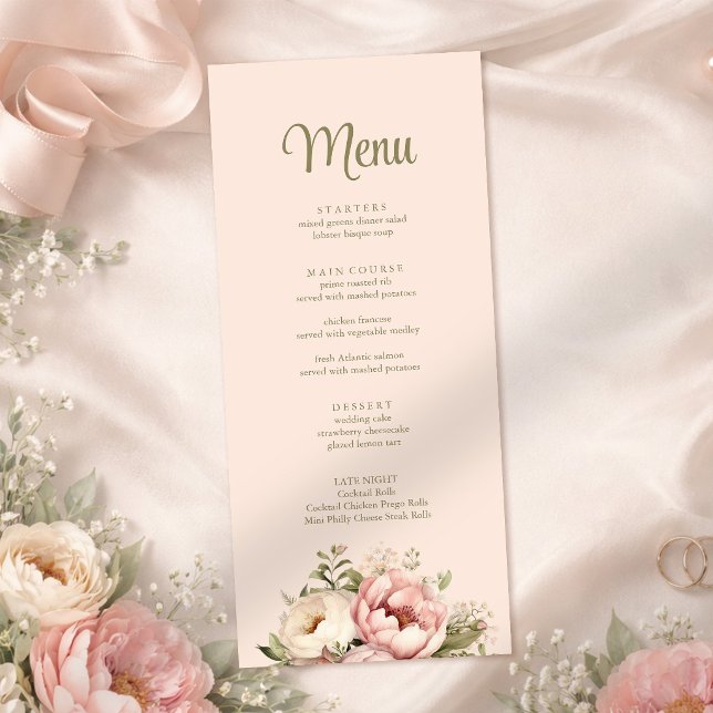 Menú de Boda Floral Polvo Rosado (Dusty Blush Floral Wedding Menu on a soft silk with blush and pink peonies)