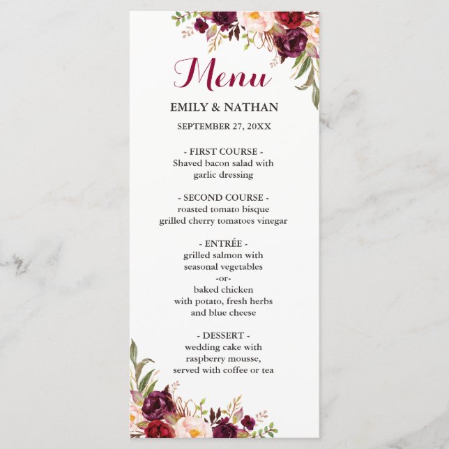 Menú de Boda Floral Rojo Borgoña (Anverso)