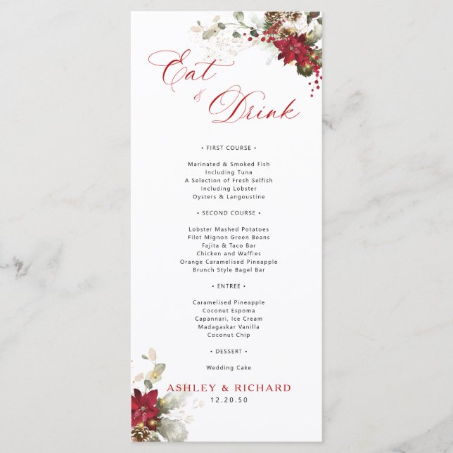 Menú de Boda Floral Rojo de Navidad (Anverso)