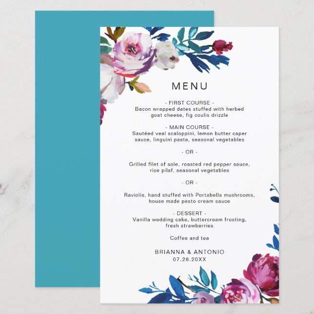 Menú de Boda Floral Rosa Elegante Moderno (Anverso / Reverso)
