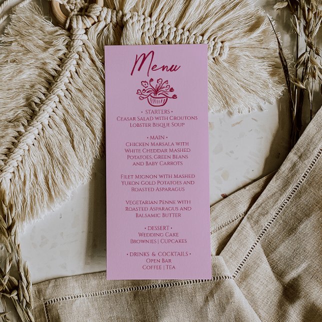 Menú de Boda Floral Rosa Frambuesa Dibujado a Mano (Subido por el creador)