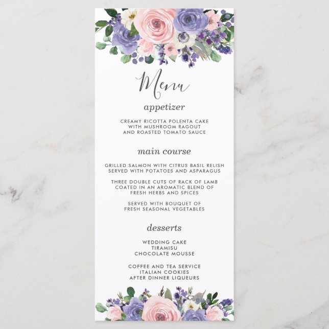 Menú de Boda Floral Rosa Lavanda Púrpura Rubor (Anverso)