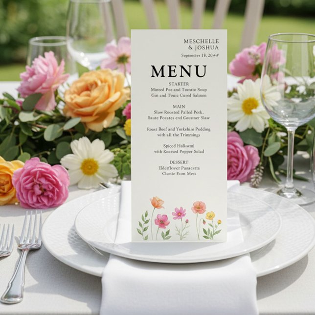 Menú de boda floral rosa naranja Flor de campo (Pretty Menu from the Wildflower Bloom wedding collection by Darling & May)
