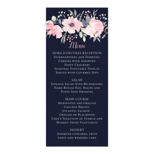Menú de Boda Floral Rosa Rubor sobre Azul Marino (Frente)