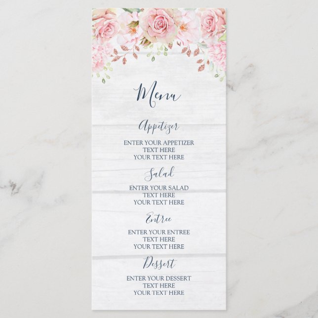 Menú de Boda Floral Rosa Rústico de Primavera (Anverso)